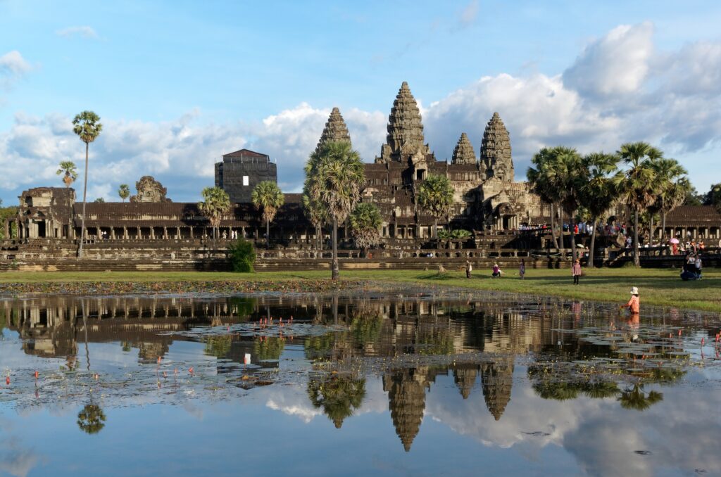 Angkor Wat towers reflected in the north pond at the western entrance, Siem Reap, Cambodia