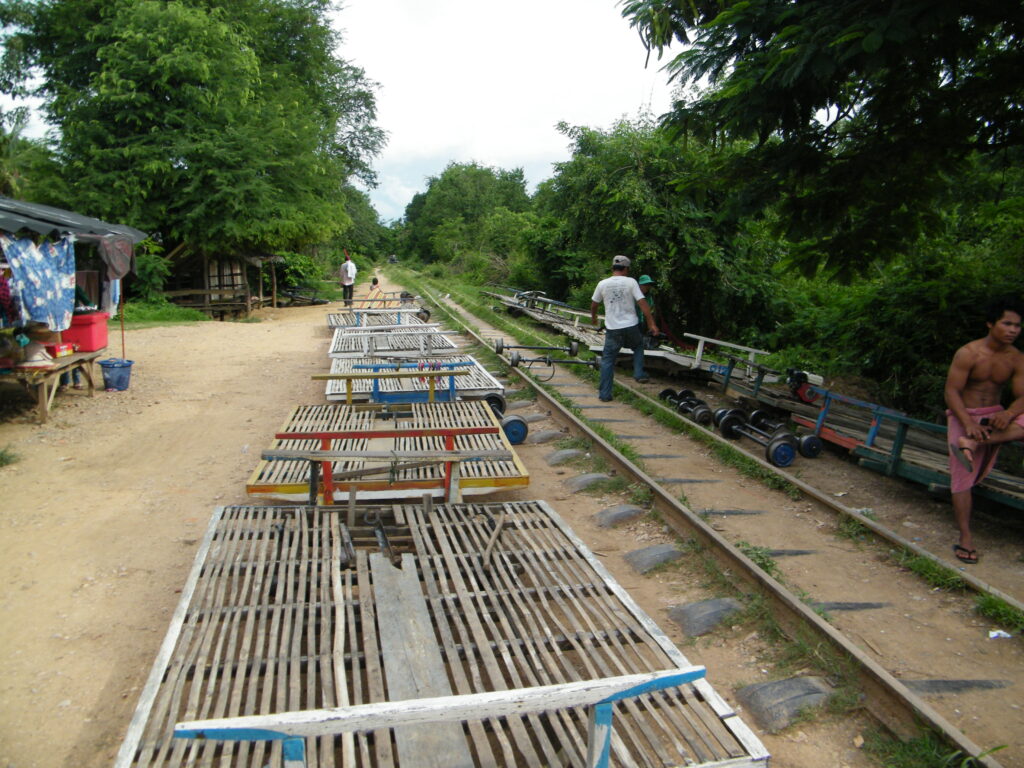 A line of bamboo train platforms on the old railway, Battambang, Cambodia