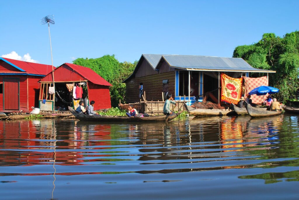 Wooden boats and floating houses on the Tonle Sap, Cambodia